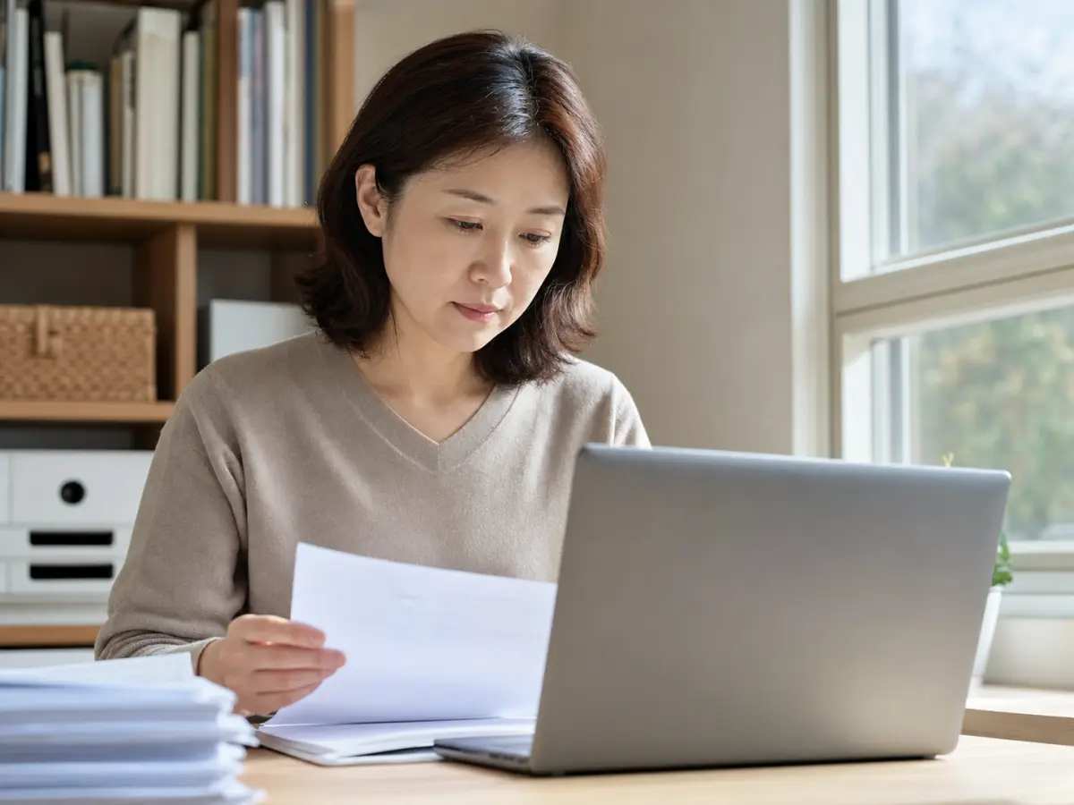건강보험 자격득실확인서의 조회기간을 선택하는 한국인 여성