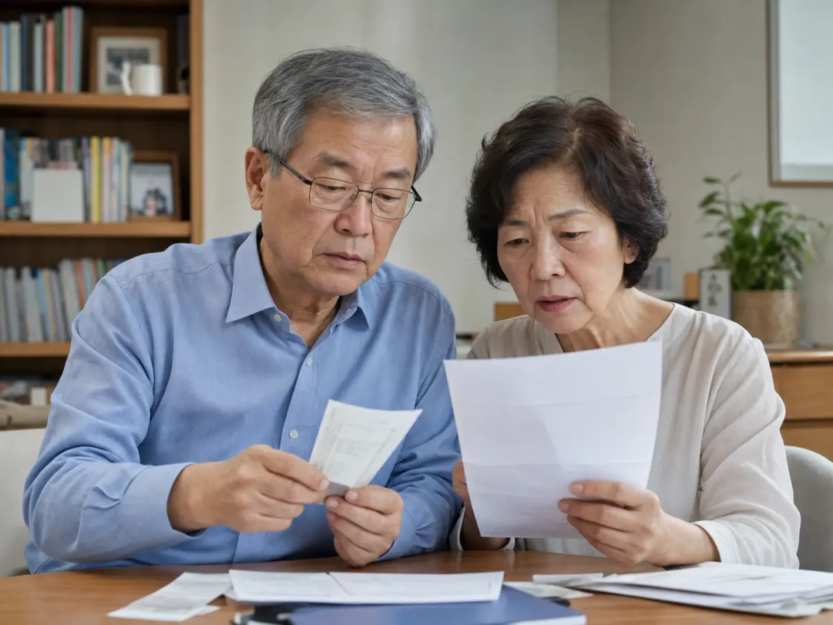 병원비 영수증과 본인부담상한제 안내문을 확인하는 한국인 부부