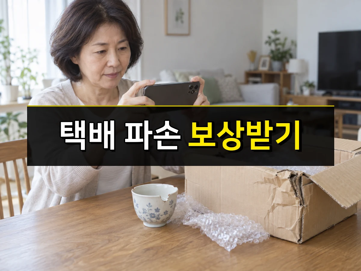 한국인 중년 여성이 찌그러진 택배 상자와 깨진 찻잔을 스마트폰으로 촬영하는 모습, 중앙에 택배 파손 보상받기 문구